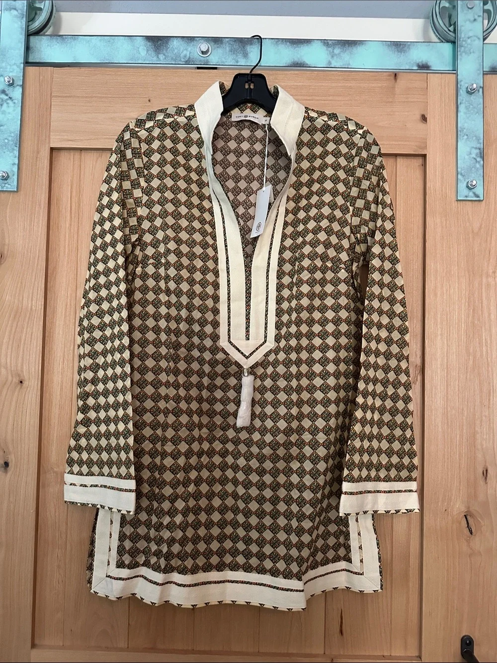 Tory Burch Printed Tory Tassel Tunic French Cream Basketweave Dress S NWT